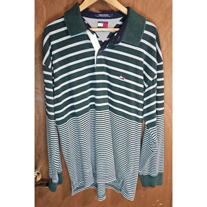 Tommy Hilfiger VINTAGE Polo RUGBY Shirt 2XL Green Gray Y2K 90s Striped Sleeve